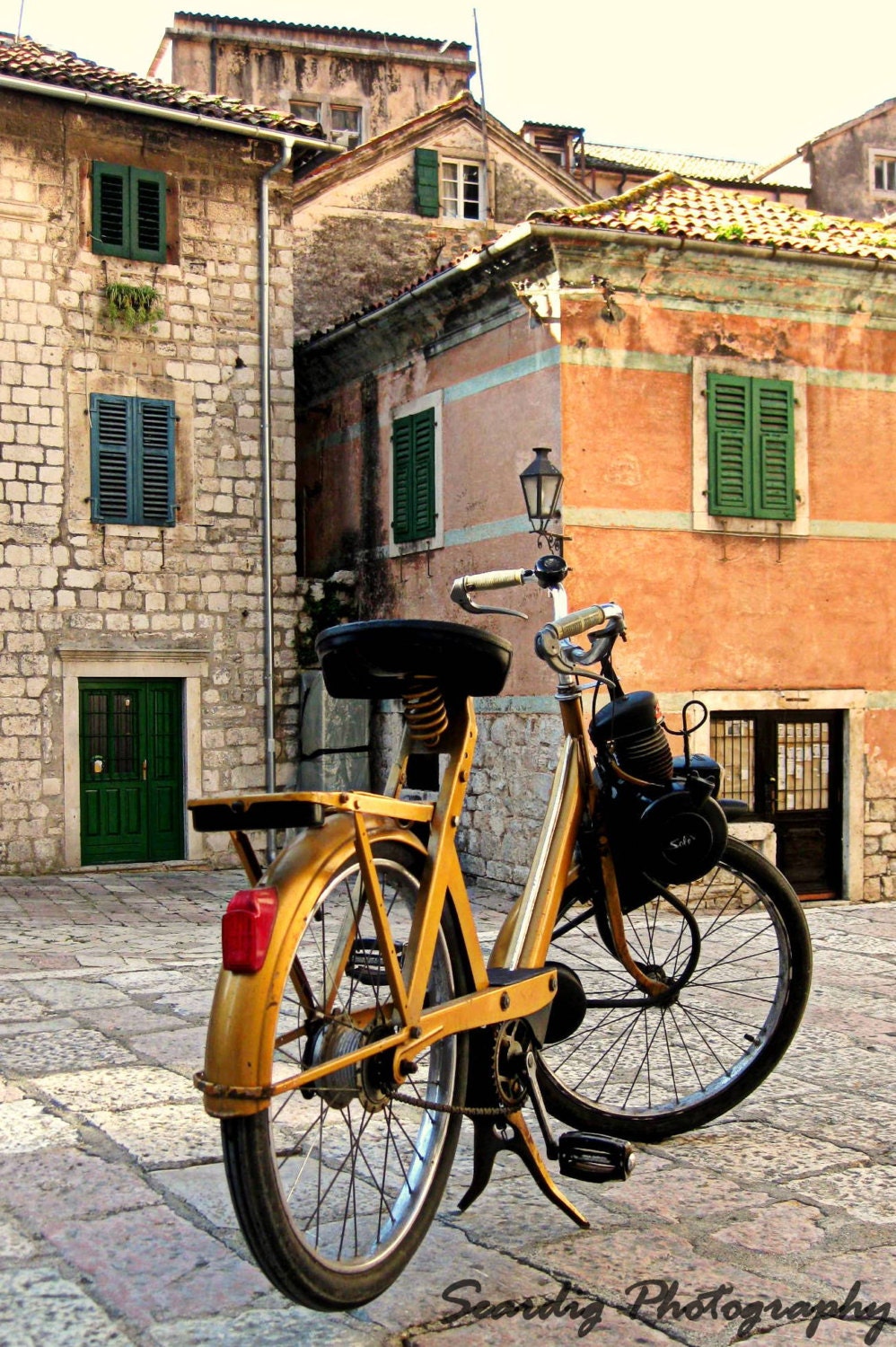 Fathers Day Gift - Kotor, Montenegro Photo. Rustic Bike Photograph Yellow Orange Windows Shutters Hipster Bicycle Antique Europe Green
