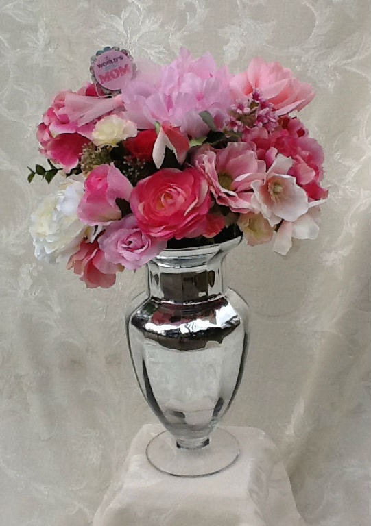 Pink Silk Floral Special Occasion Gift Arrangement in Silver Vase