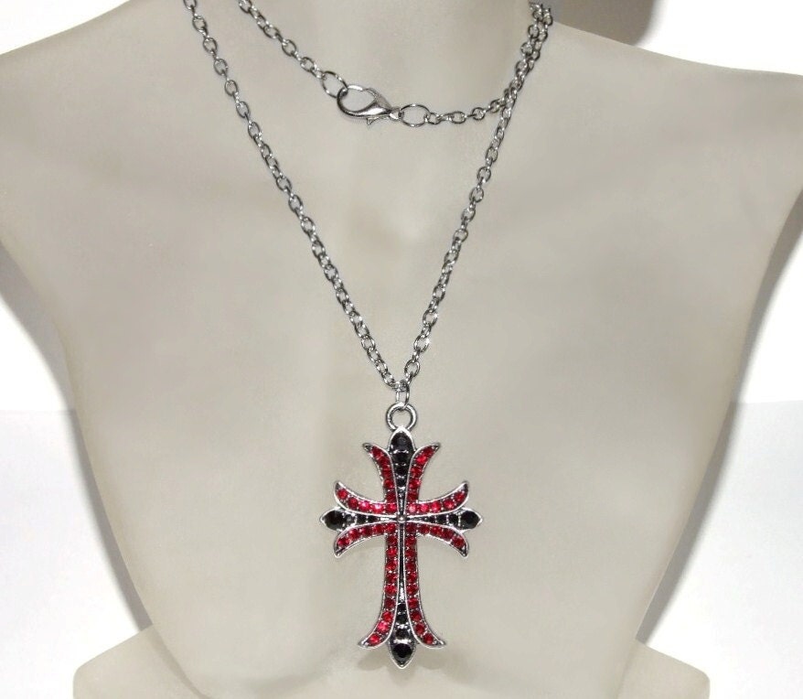 Vintage/Gothic/Victorian Antique Silver/Dark Red/Black Genuine Swarovski Crystal Cross Necklace/Pendant