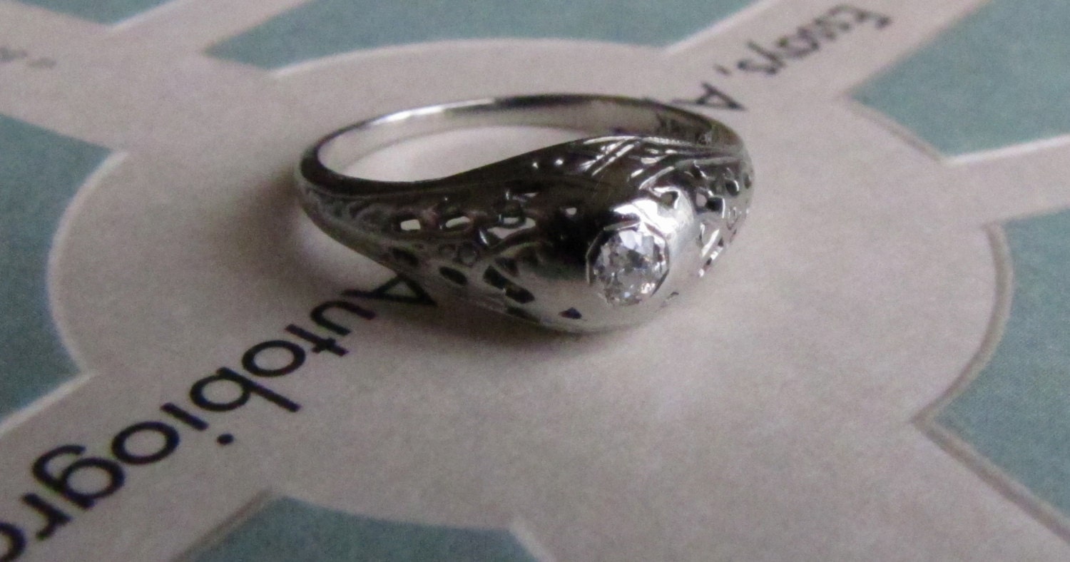 18K Art Deco Solitaire Diamond Engagement Ring, Antique Old Mine Cut Diamond, Edwardian to Art Deco Filigree, 1920s 1930s