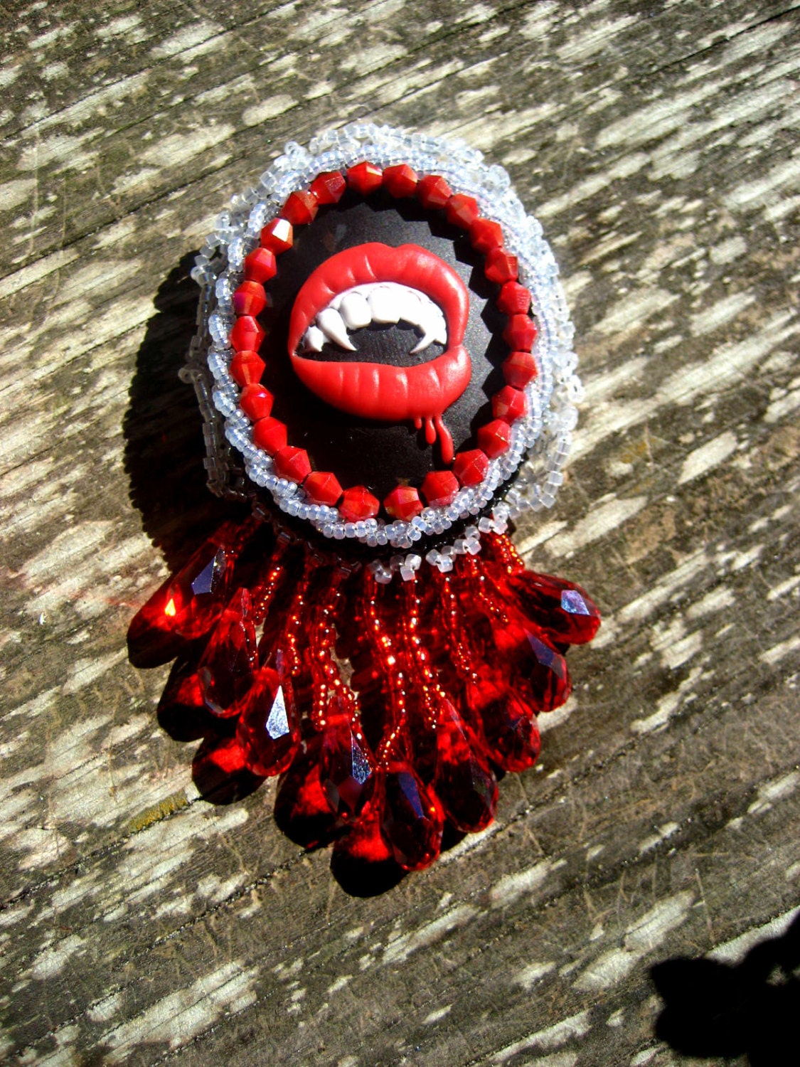 Vampire Fangs Cameo Brooch - Beaded Pin - Beaded Brooch - Ruffle Brooch - Cameo - Cameo Brooch - Twilight