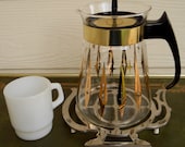 Atomic age Pyrex carafe, coffee pot, retro starburst diamond design, gold leaf paint on clear glass, 1950's-'60's era