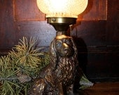 Rare Art Deco Brass Dog Lamp Desk Glass Shade
