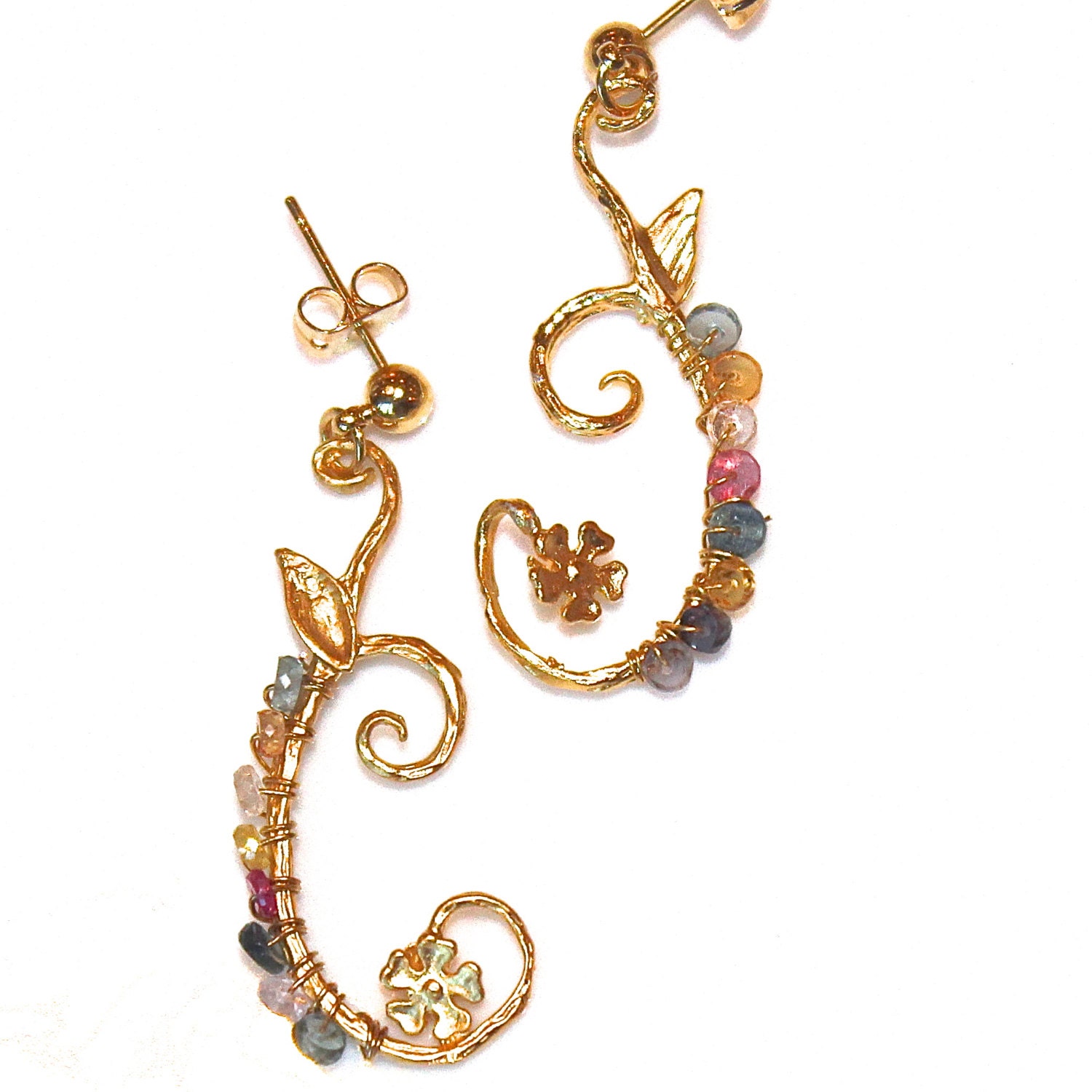 Sapphire Earrings Gold Vermeil Scroll Flower Vine Multicolor Dangle Earrings