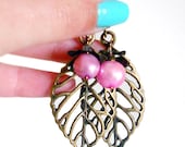 SALE Woodland Raspberry Filigree Leaf Earrings - Nature Inspired Brass Leaves with Freshwater Pearls - Spring Dryad Jewelry