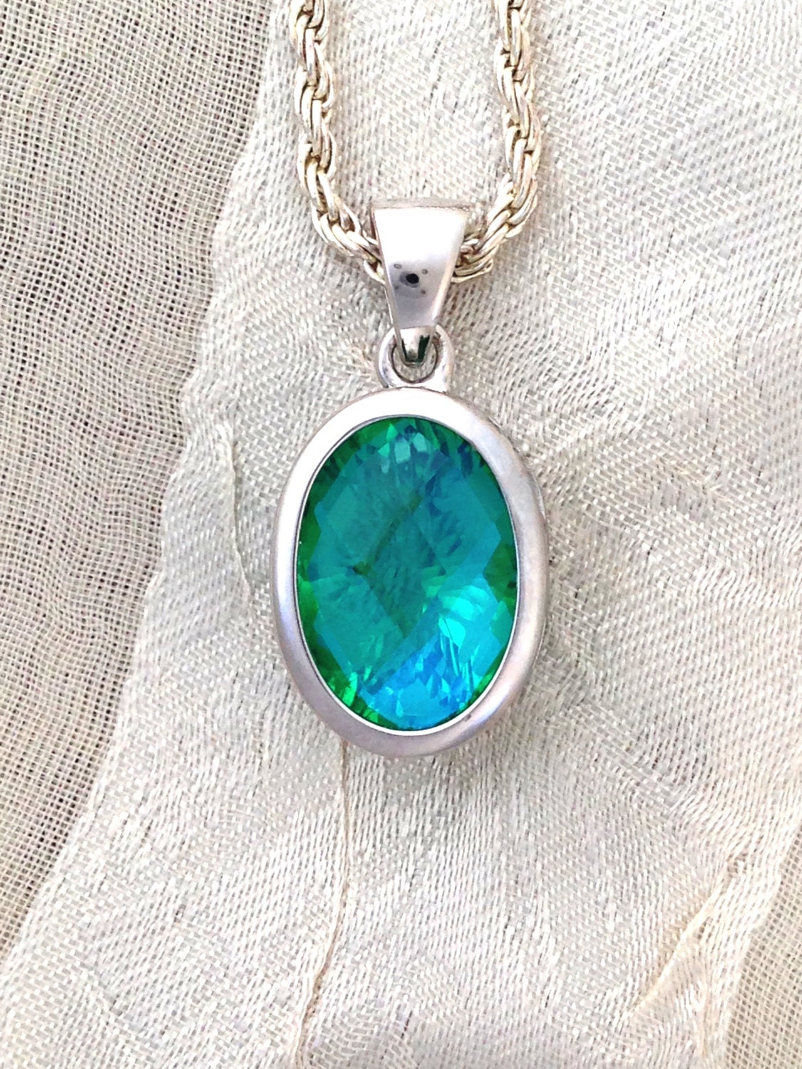 Ocean Quartz Pendant Necklace Sterling Silver Filigree 5.2CT Oval Chatoyant Color Shift Blue Green