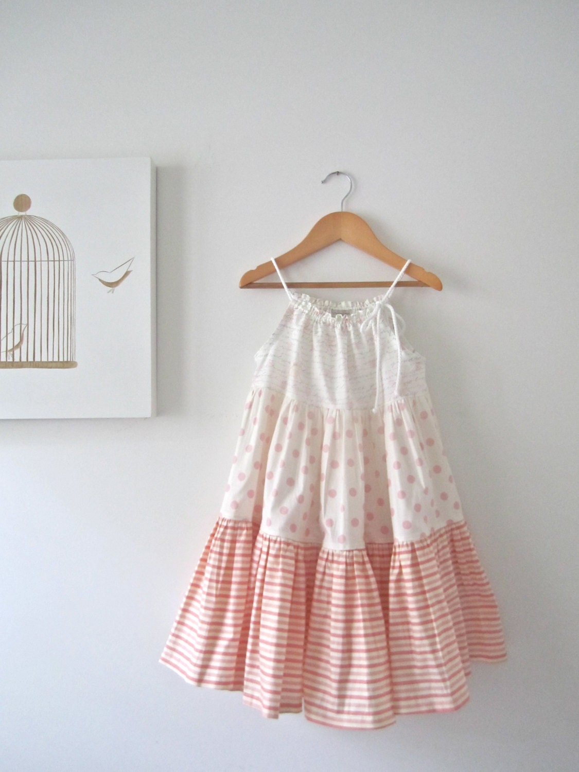 Girls Summer  Dress-ruffled pink white cream -baby toddler cottage shabby chic spring dress-Children Clothing by Chasing Mini-Ready to Ship