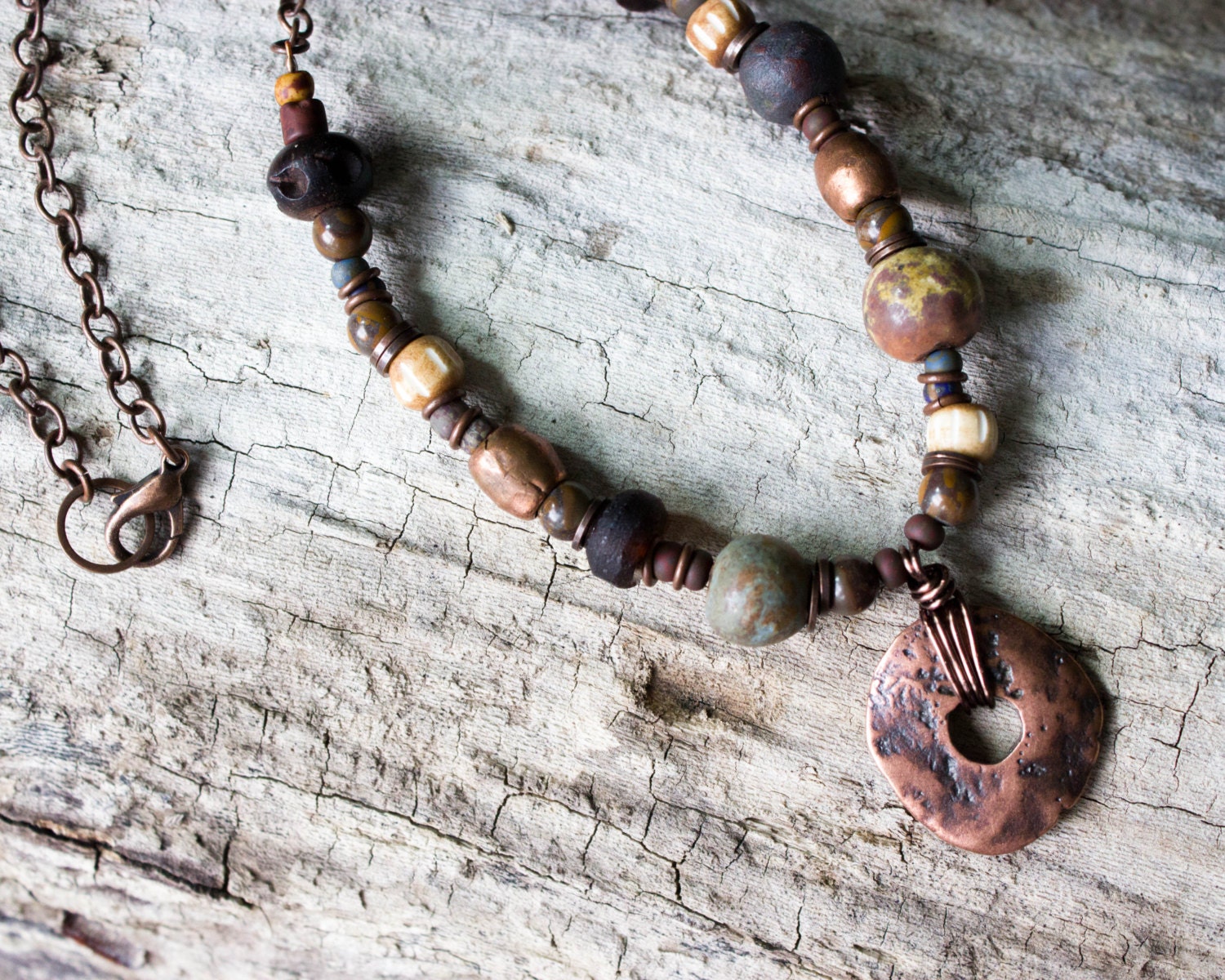 Copper Necklace: Bead Necklace, Rustic Jewelry, Metal Pendant, Clay Beads, Chain Necklace, Amber