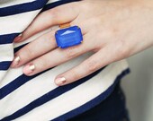 Cobalt Blue Rhinestone Cocktail Ring - Adjustable Gold Statement Ring