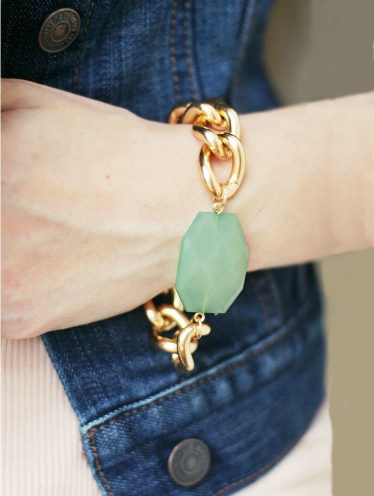 Gold Chain Bracelet with Aqua Mint Charm - Lightweight Bracelet