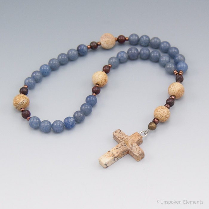 Anglican Prayer Beads, Aventurine and Jasper, Blue Brown Natural Gemstones Christian Rosary