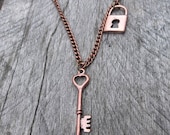 The "Key to John Carter's Heart of Mars" Clockpunk Steampunk Reversible Necklace, Copper Lock & Heart Key Necklace on Curb Link Chain