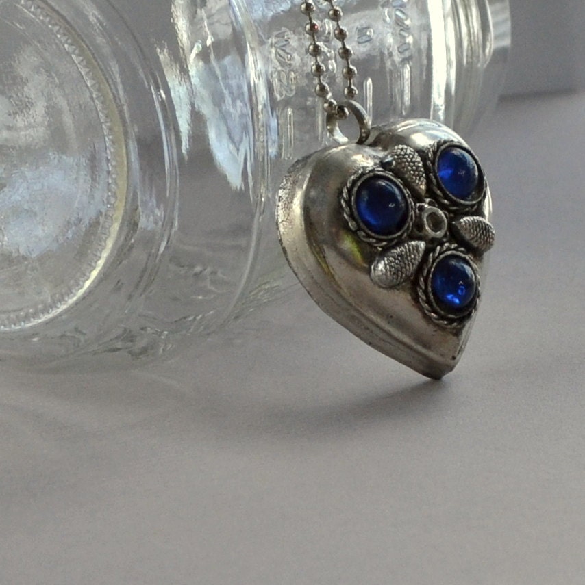 Heart Valentines Day Boho Pendant Silver Blue Chunky 3D Long Necklace Cobalt Large Bohemian Fashion Jewelry Cabochons Teen Girl Gift