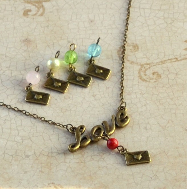 Love Script Necklace Antique Bronze Gift Letter Bead Dangle Charm Red Pink Aqua Lime Pearl Fashion Jewelry Your Choice Color Free Shipping