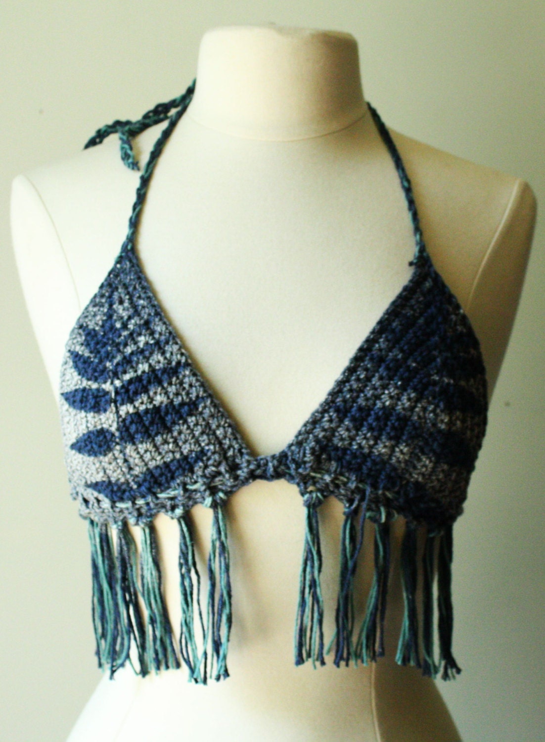 crochet bikini tops with fringe and hand dyed designs.  reversible and made to order in your size. vacation and festival wear.