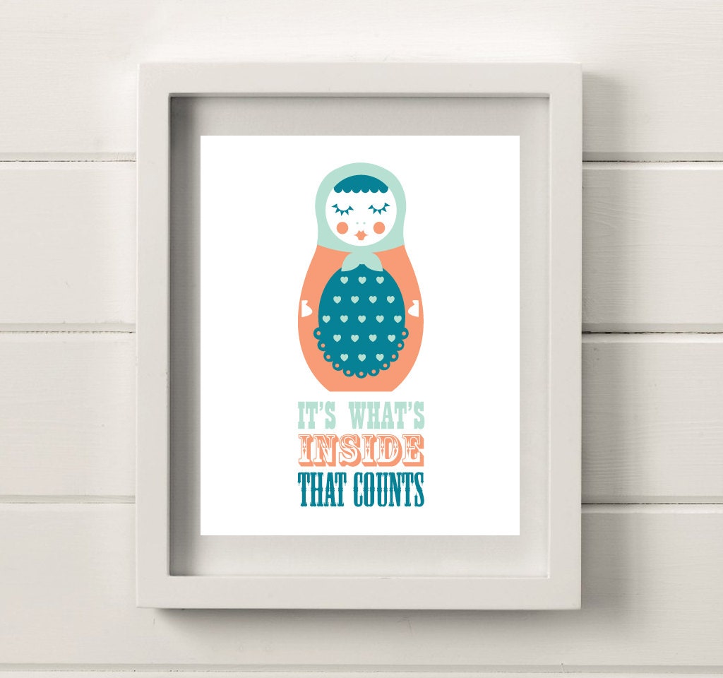 Russian Doll Illustration, 8x10 Poster, Peach & Teal