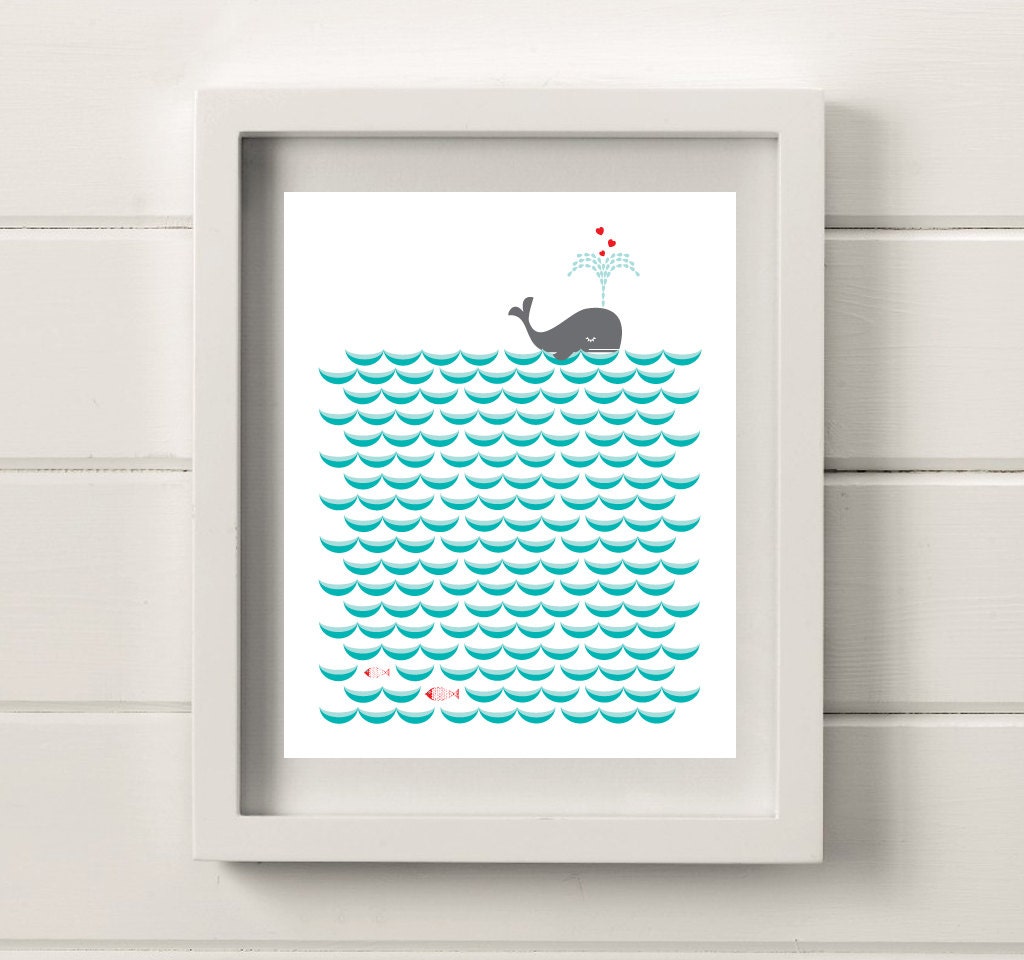 Whale on the Waves Illustration, 8"x10" Print in Teal, Grey & Red