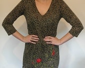 Vintage Leopard Print Dress S/M Slouch Rockabilly Punk Rose Floral Embroidery