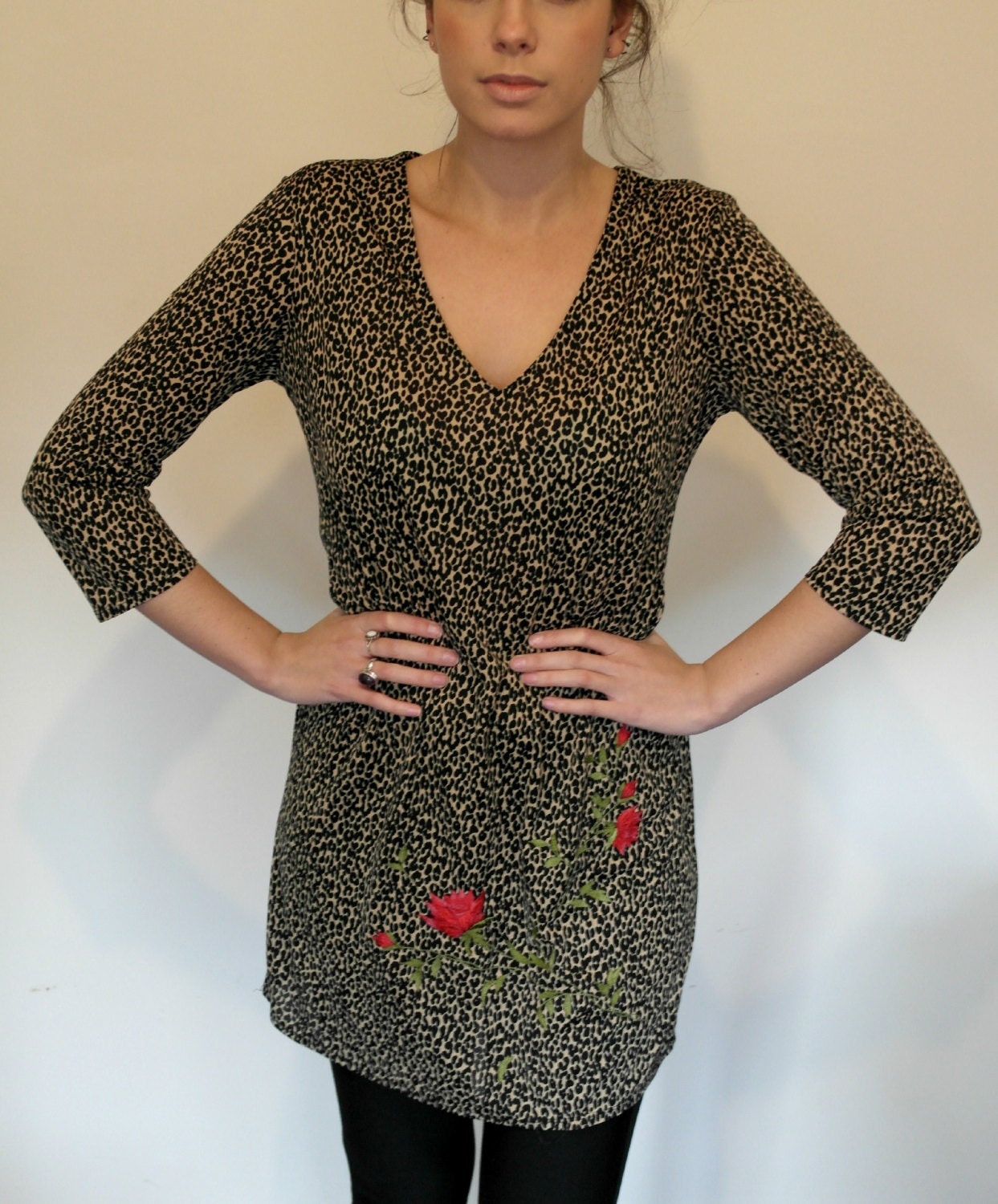 Vintage Leopard Print Dress S/M Slouch Rockabilly Punk Rose Floral Embroidery