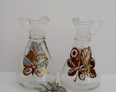 Hazel Atlas Cruet , Gold and Blue Butterflies and Flowers , Glass Vase