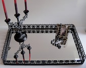 Vanity Mirror Tray , Black  Upcycled Mirrored Tray ,Gothic Candle Holder and Rosary
