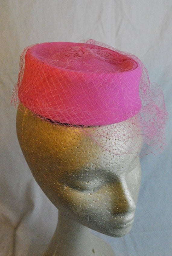 Vintage Pink Pillbox Hat with Veil Classic by Ahumblebeginning