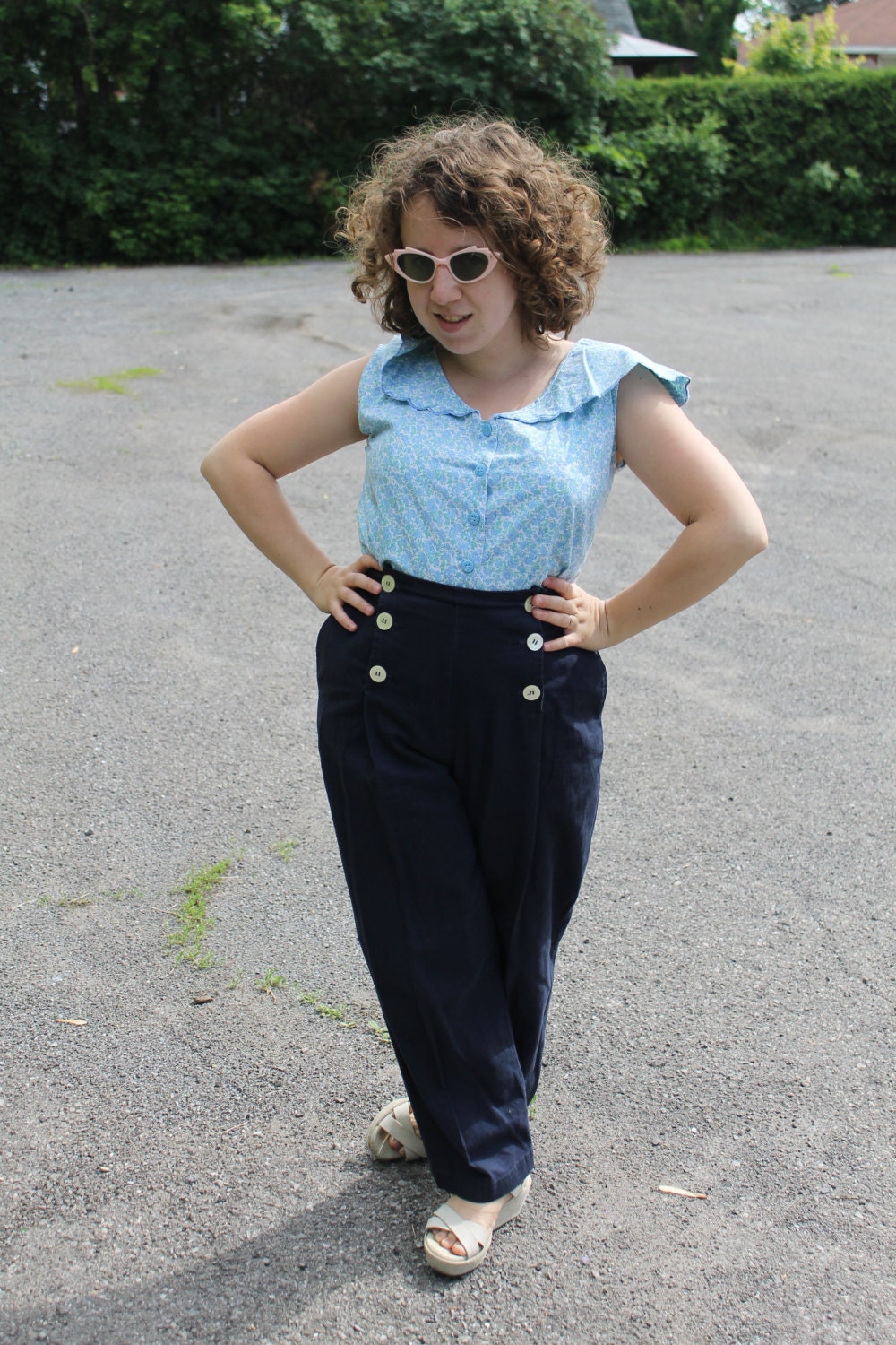 80s Does '40s High-Waist Sailor Pants/ Navy and White Trousers/ Esprit/ Medium