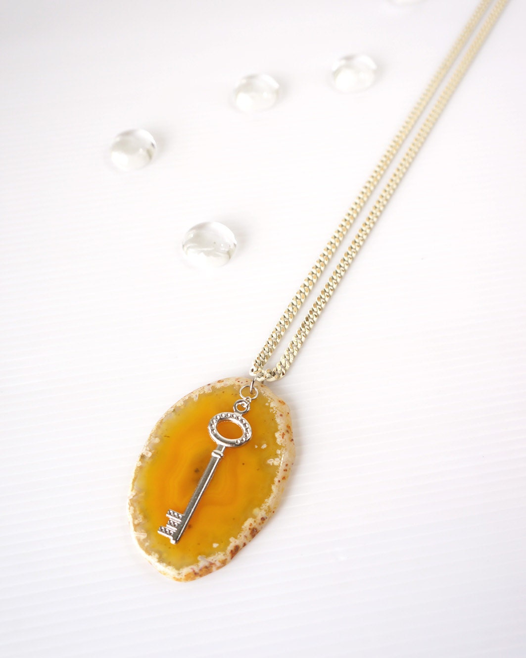 Yellow Agate Slice Long Necklace, Silver Key Charm, Nature Style Fashion Necklace, Natural Stone Statement, Summer Bold Jewelry