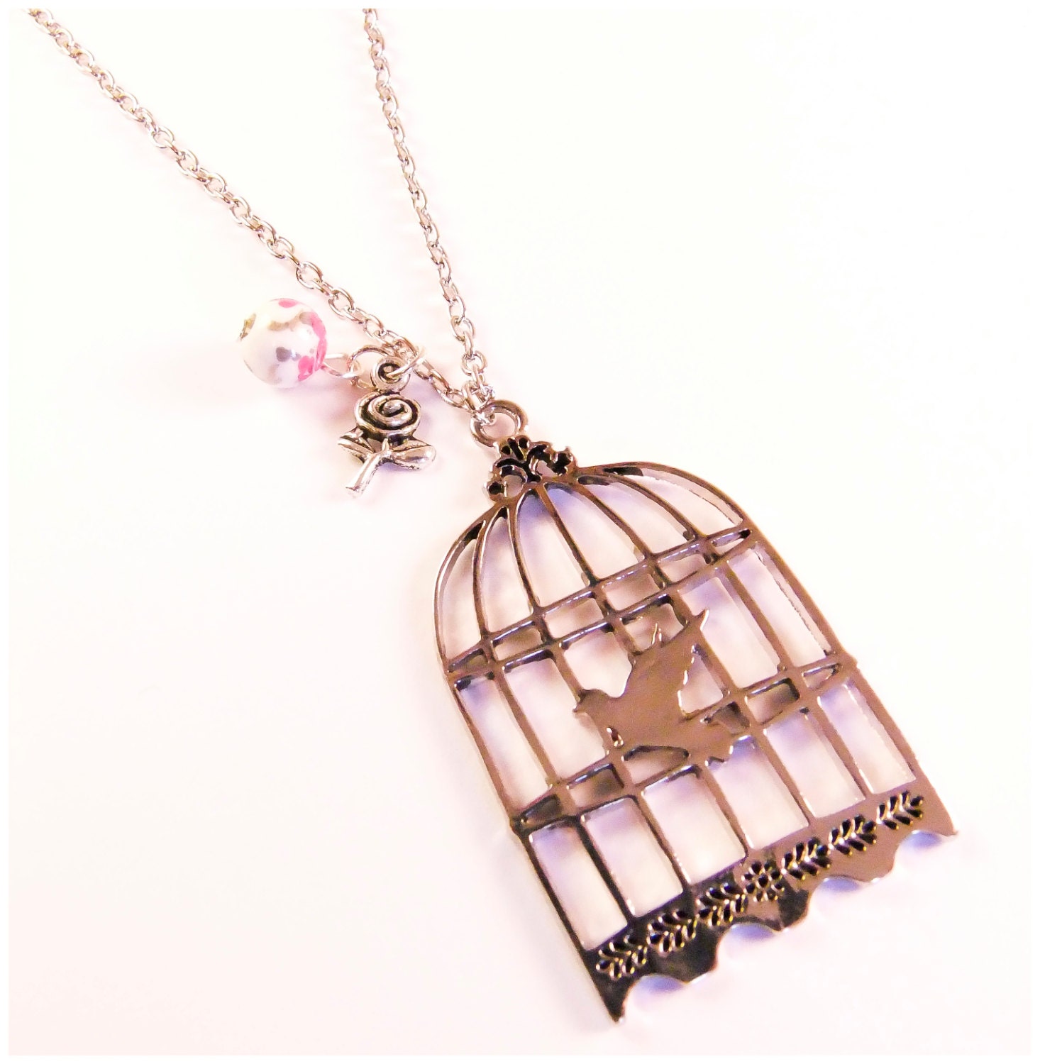Pendant bird cage, silver pendant and silver chain  long necklace