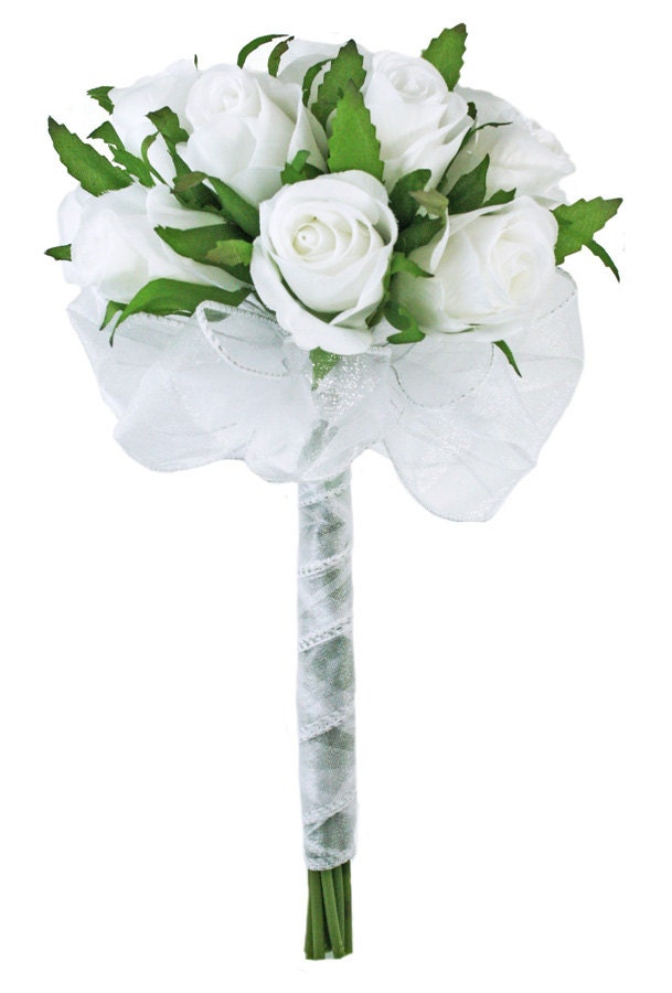 White Silk Rose Bud Toss Bouquet (1 Dozen Roses) - Bridal Wedding Bouquet
