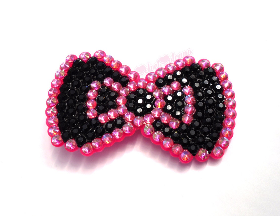 Sparkly Black & Hot Pink Bow Hair Clip with Pointed Edge/Border Rainbow Crystal - Kawaii - Decora - Ready to Send