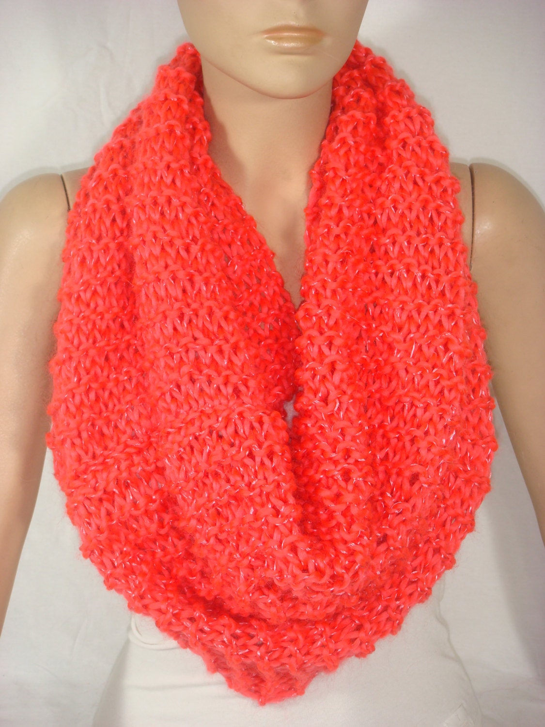 NEW - Hand Knitted Hooded Cowl/Scarf/Neck Warmer (Neon Coral) by Arzu's Style