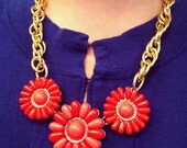 Gold Chain Necklace, orange statement necklace, long gold  necklace, flower necklace, bib necklace, statement necklace, orange necklace
