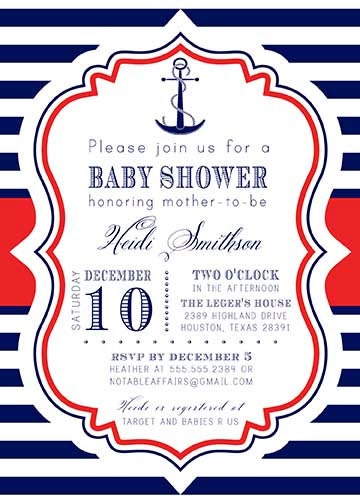 PRINTABLE Anchor Nautical Sailing Navy Red Stripes White baby shower or birthday party invitation - colors and wording can be changed