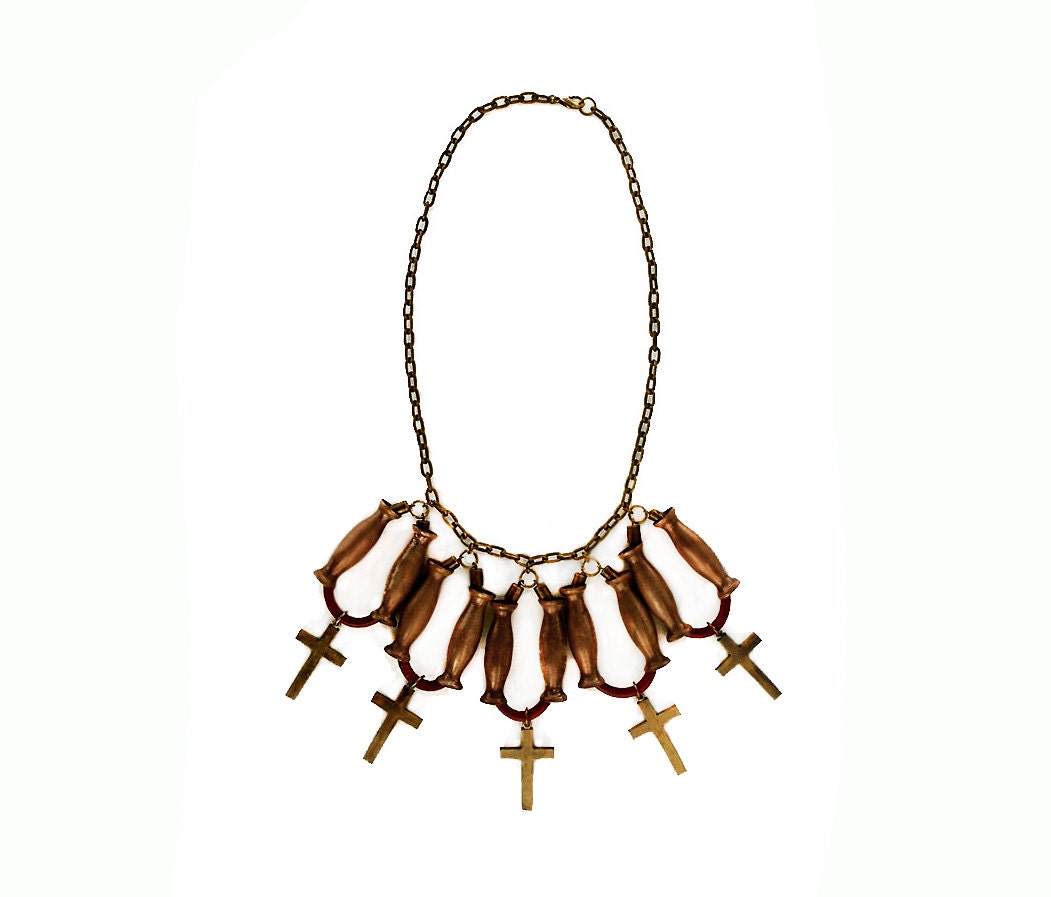 SALE  - ONE PIECE  left Vintage solid coper tubes ,vintage brass crosses ,deep red leather cord statement necklace.