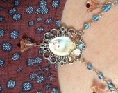 Old French Parisian Necklace, Vintage Rosaline Crystal Flowers, Light Sapphire Glass Bead Chain, Rosaline Crystal Leaves, Lacy Silver Frame