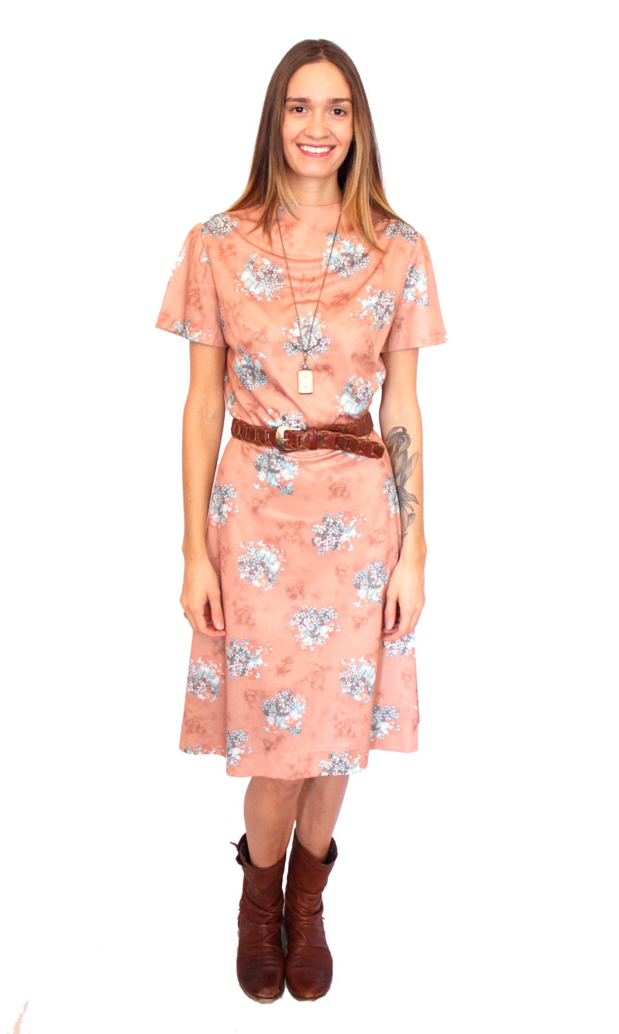 Vintage Dress / Handmade / Bohemian / Peach Brown / Womens Clothing / Short Sleeved / Medium Dress / Casual