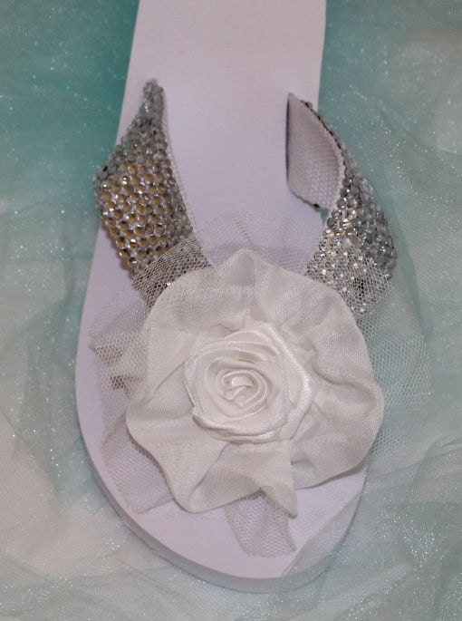 Romantic Rose Bridal Bling Crystal Strassed Flip Flop Featuring Handmade Ribbon Rose With Tulle and Chiffon