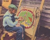 NORTH CAROLINA - Making a Hooked RUG, Vintage Linen Postcard, Unused, c. 1930s - 1940s, Asheville Postcard Co.