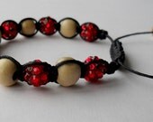 Adjustable Macramé Bracelet With Wooden Rounds and Cherry Red Resin Rhinestone Beads on Waxed Cotton Cord