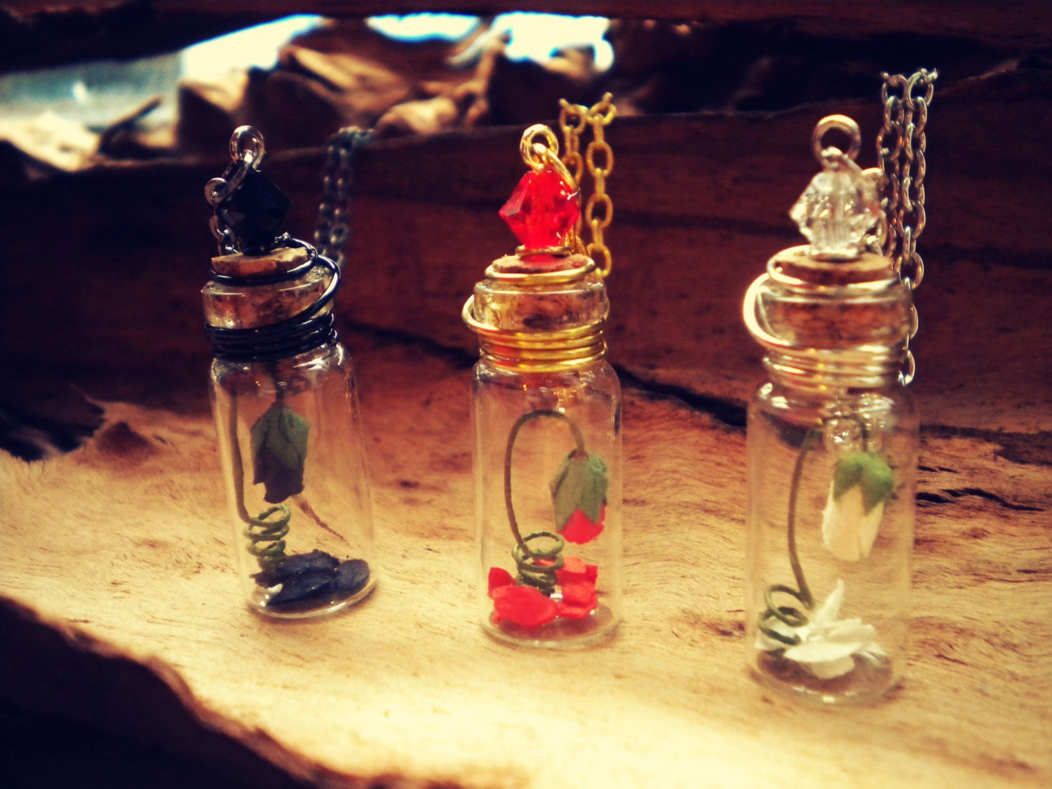 Rose Bud in a Bottle - Enchanted Rose - Rose in a Bottle Vial Necklace - Beauty and the Beast Necklace - White Rose - Black Rose - Red Rose