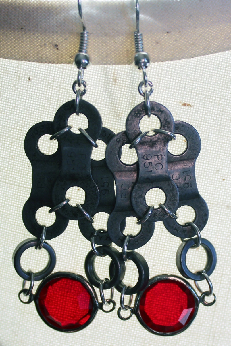 Upcycled Bicycle Chain Earrings with Vintage Swarovski Crystals