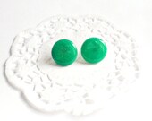 Handmade Polymer Clay and Resin Post Earrings - Silver pleated Stud Round Earrings Lead and Nickel Free Posts - Black - L (16 mm)