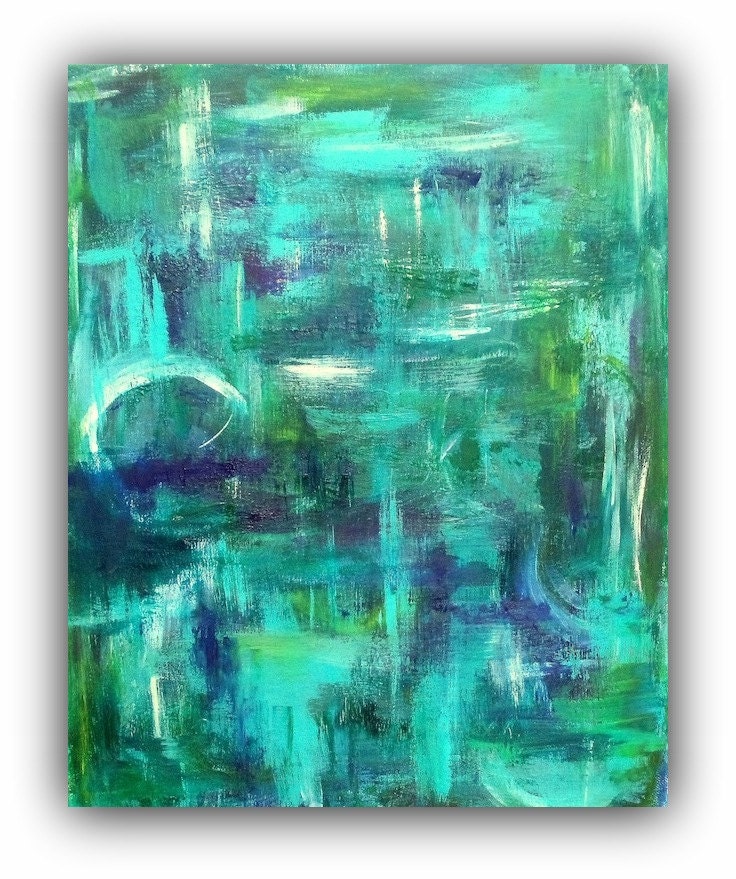 FREE SHIPPING Bright Green Blue Large Abstract Painting "Calypso" Original Teal Emerald Navy Blue