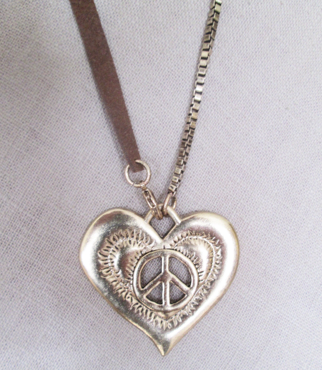 Long Peace Heart Necklace Rustic Multi Chains Brass Metal Heart Peace Necklace Brown Leather Hippie Peace Heart Metalwork Women Zen Jewelry
