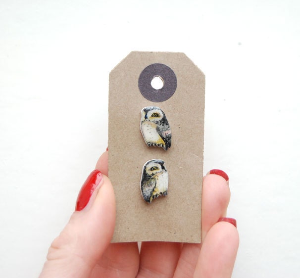 Snowy Owl Earrings, Hand drawn