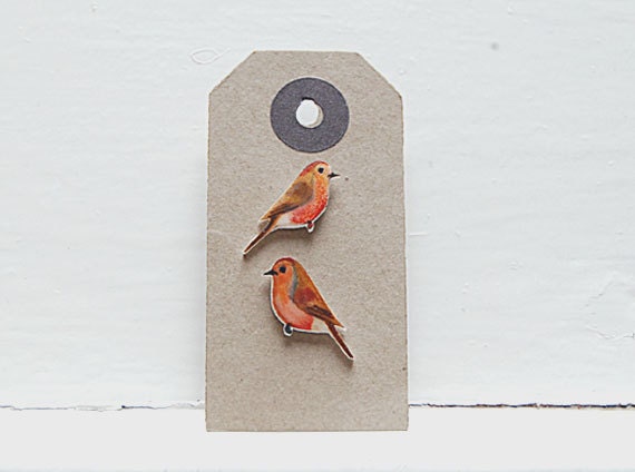 Hand drawn Robins. Bird Earrings. Cufflinks