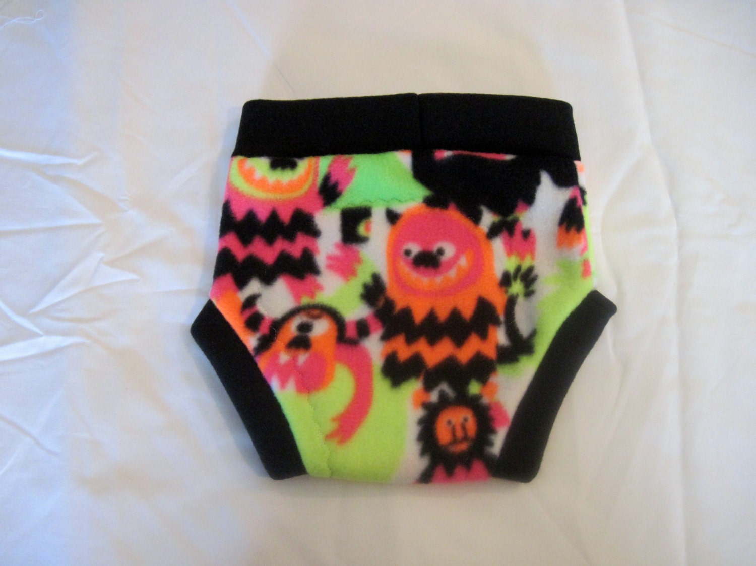 Fleece shorties soaker cloth diaper cover size large-Neon monsters with black openings
