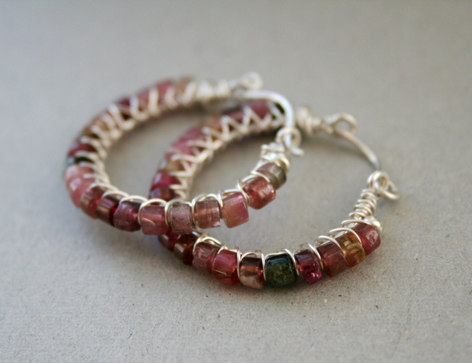 Pink tourmaline hoop earrings, sterling silver wire-wrapped