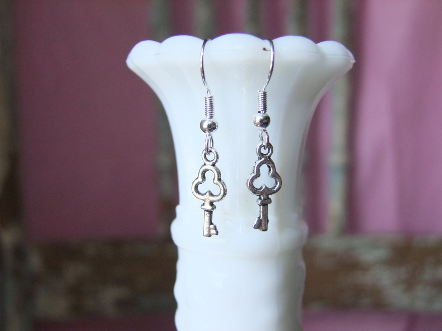 Tiny key earrings silver dangle metal earring little keys skeleton lightweight basic plain adorable